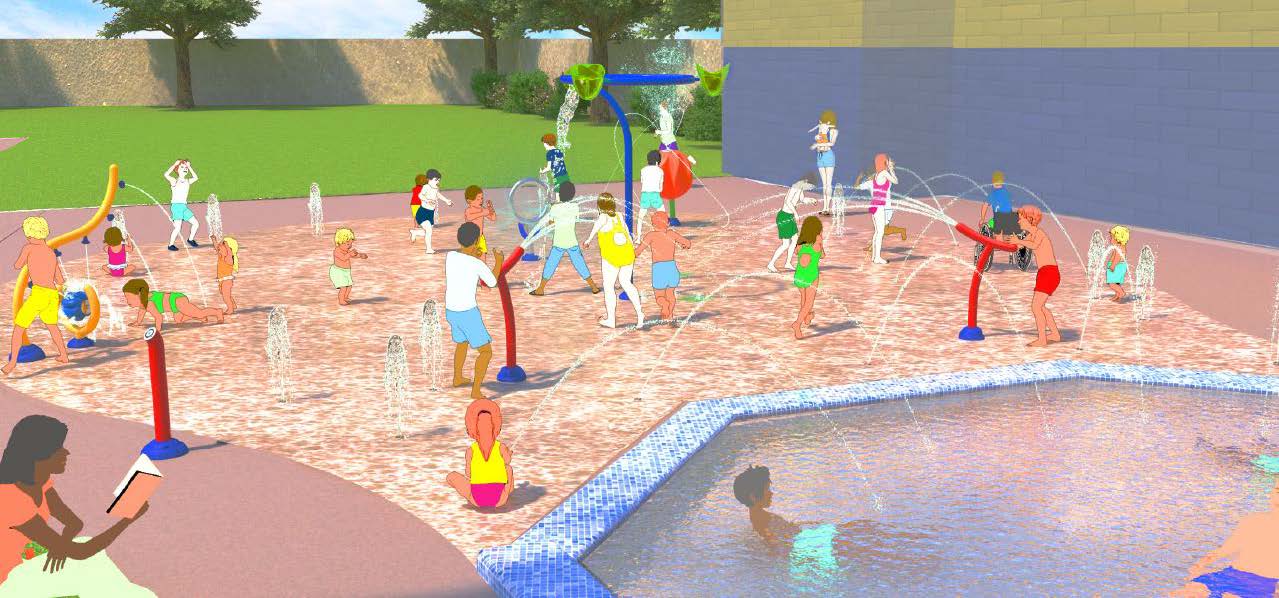 Illustration of proposed combined toddler pool and splash area showing children playing with various fountains, bucket spills, bubblers and hoses