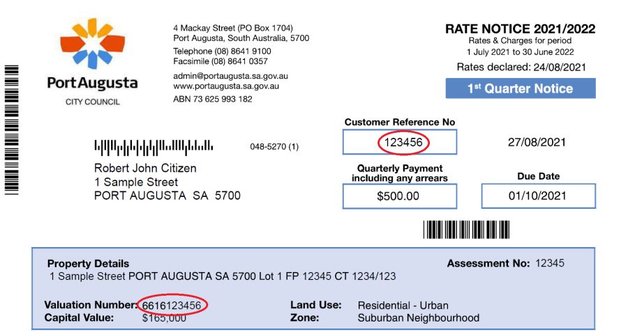 Image of the top third of a standard Rates Notice with the Customer Reference Number and Valuation Number circled in red to indicate their location. The Customer Reference Number is in the top half of the image, just above and right of centre. The Valuation number is in the bottom left of the image inside the blue box containing property details.