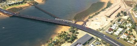 Artist impression of the Joy Baluch Bridge duplication project outcome, showing the existing bridge from above with a new bridge running parallel to it, and a looping pedestrian ramp on the east side projecting north of the bridge before looping back towards the Eastside Foreshore.