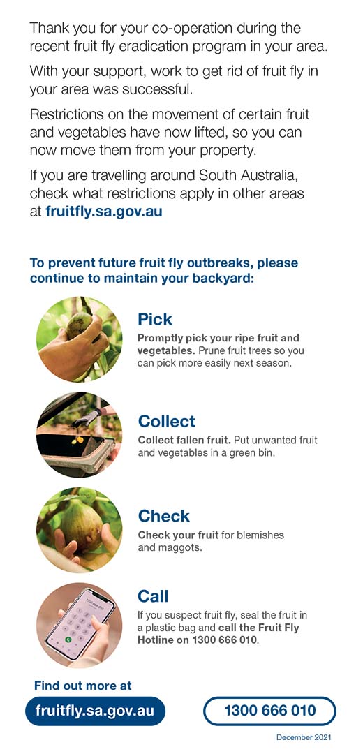 Thank you for your co-operation during the recent fruit fly eradication program i nyour area. With your support, work to get rid of fruit fly in your area was successful. Restriction on the movement of certain fruit and vegetables have now lifted, so you can now move them from your property. If you are travelling around South Australia check what restrictions apply in other areas at fruitfly.sa.gov.au. To prevent future outbreaks please continues to maintain your backyard: Pick - Prompty pick your ripe fruit and vegetables. Prune fruit trees so you can pick more easily next season. Collect - Collect fallen fruit. Put unwanted fruit and vegetables in a green bin. Check - Check your fruit for blemishes and maggots. Call - If you suspect fruit fly, seal the fruit in a plastic bag and call the Fruit Fly Hotline on 1300 666 010.