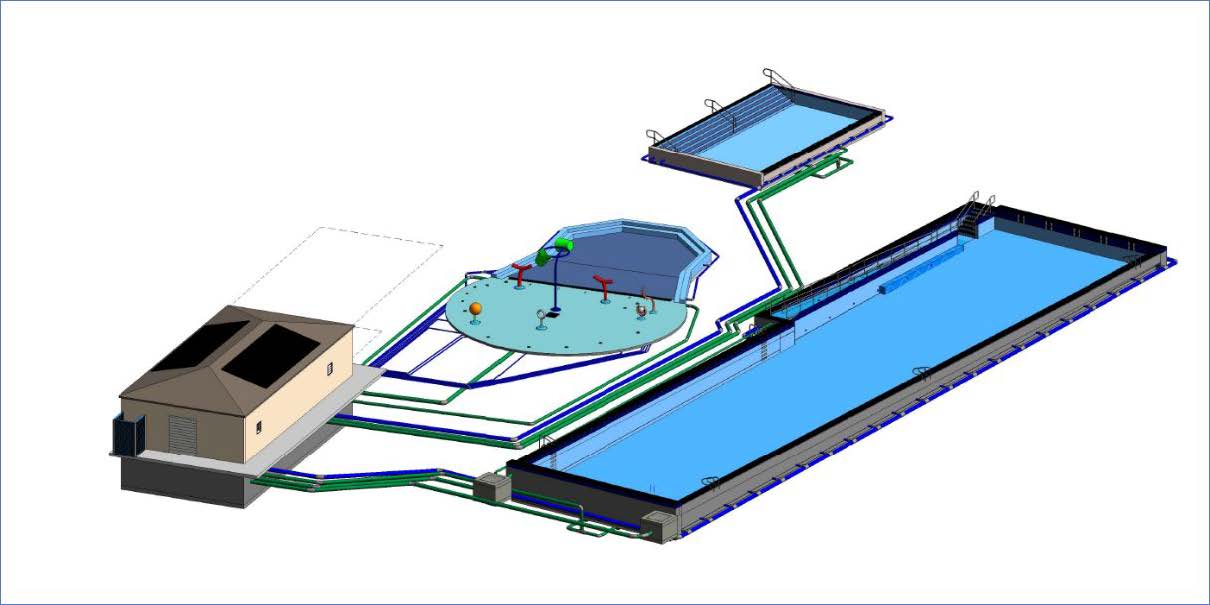 3D model shown in an oblique overhead view of the proposed new mechanical building, alterations to the large pool to allow for an entrance ramp, the existing medium pool, and the previously proposed combined toddler pool and splash area.