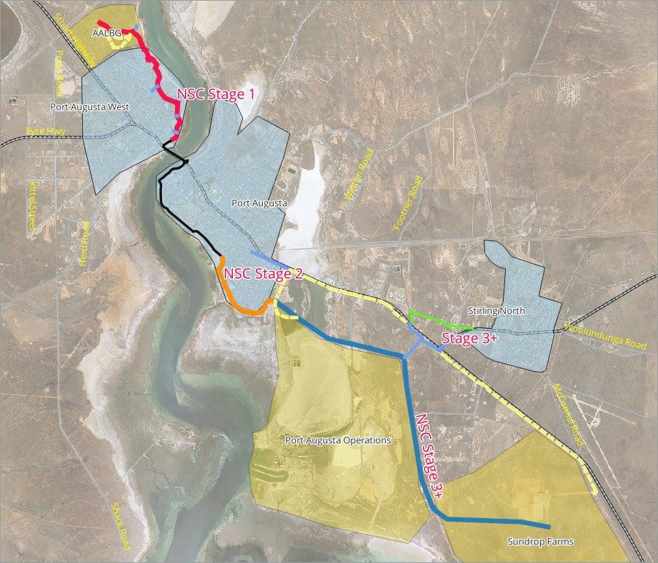Aerial map of Port Augusta showing existing North South pathway, proposed upgrades, and proposed extensions.